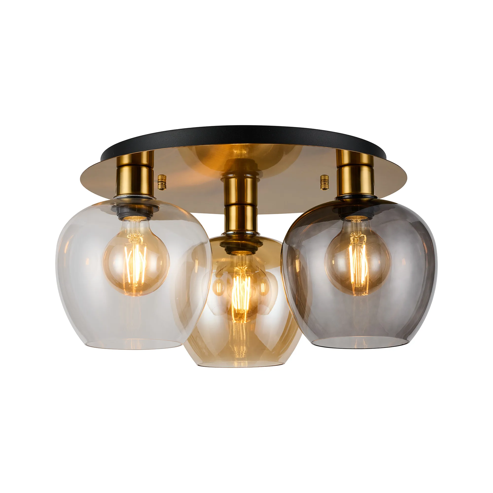 DK1254  Lori 40cm Round Ceiling Flush, 3 Light Flush Fitting, Antique Gold/Amber/Clear/Smoke Wine Shades